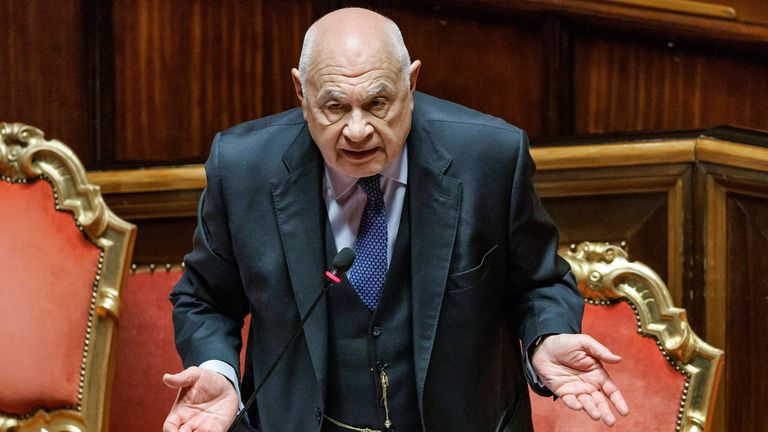 Justice Minister Carlo Nordio addresses the Senate.
Pic: LaPresse/AP
