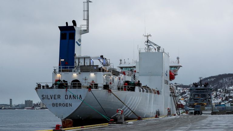 The Silver Dania, a Norwegian-owned ship suspected of cable sabotage in the Baltic Sea, whose crew are Russian citizens, in the port of Tromso.
Pic: Reuters/NTB/Rune Stoltz Bertinussen