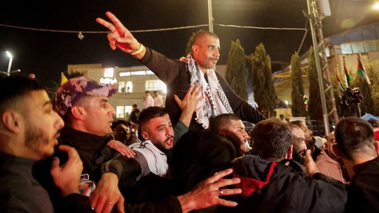 Freed prisoner Zakaria Zubeidi after being released from an Israeli jail.
Pic: Reuters/Raneen Sawafta