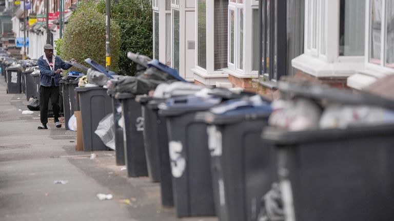 Rows of overflowing bins in the Selly Oak area of Birmingham.
Pic: Reuters